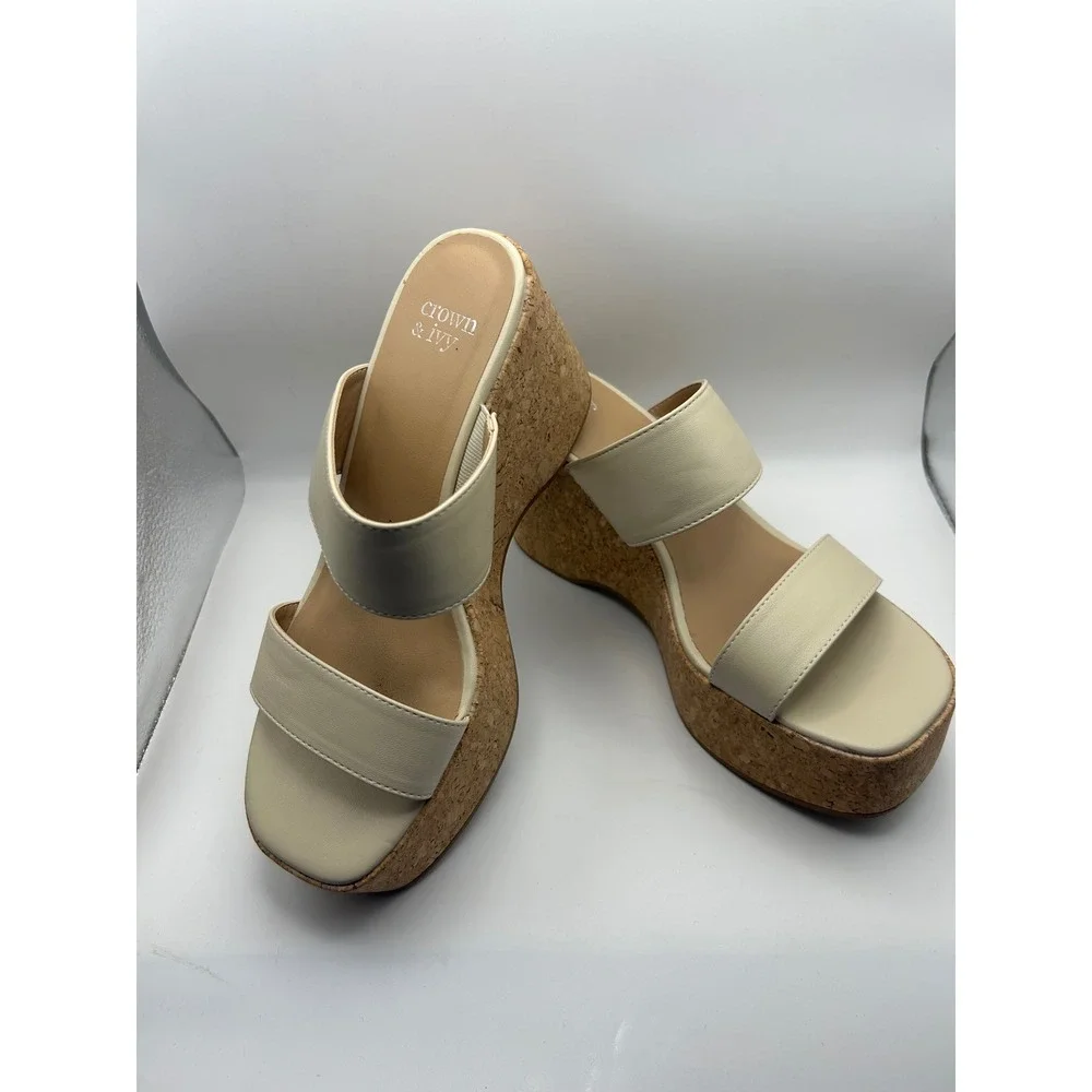Crown Ivy Felicia Cream Wedge Slide Sandals Women's Size‎ 6.5 M Cork Platform